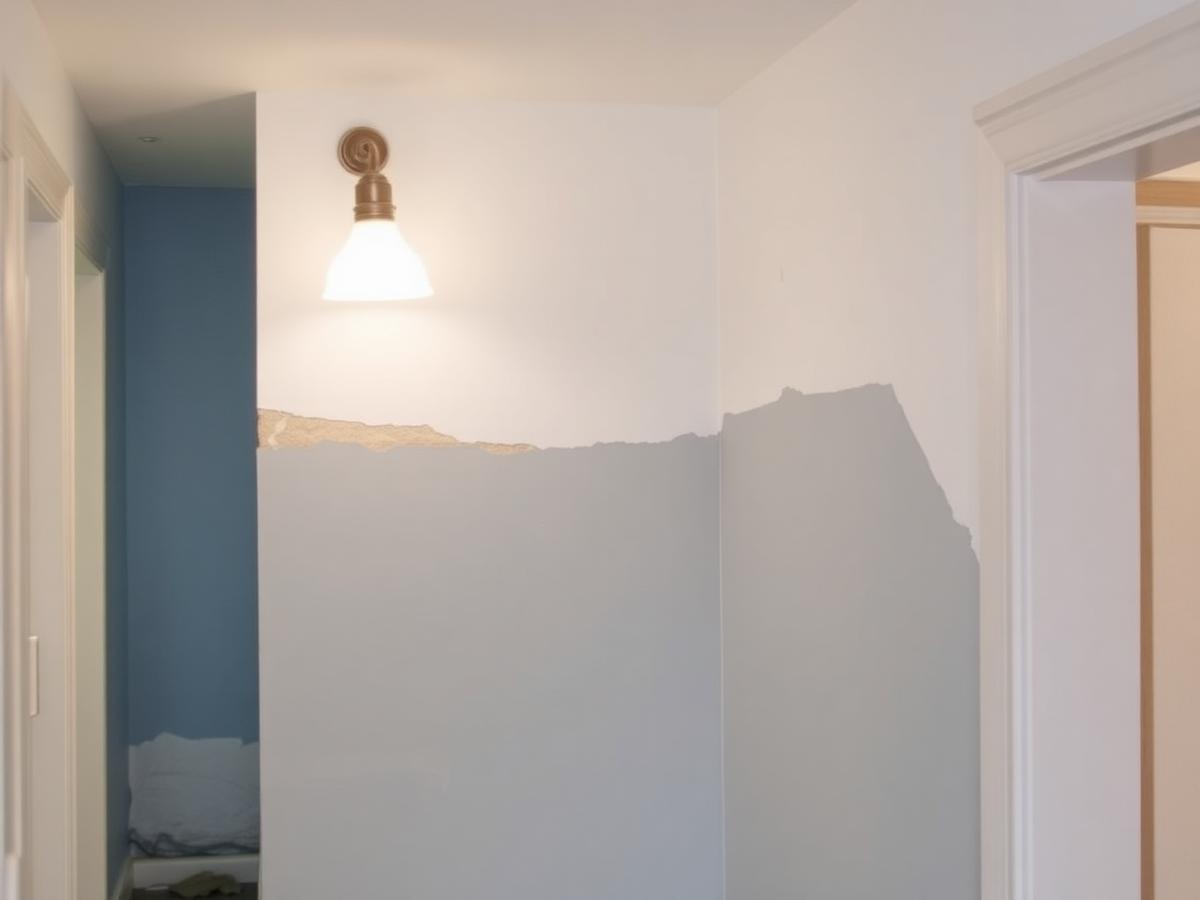 Patched and repainted interior wall in a home hallway